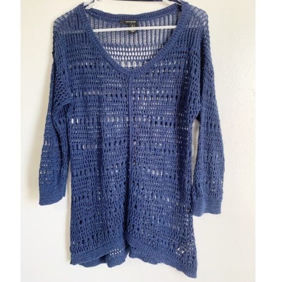 DKNY Jeans Tunic Sweater Medium Blue Silver Metallic Open Knit Long Sleeves - Picture 1 of 9